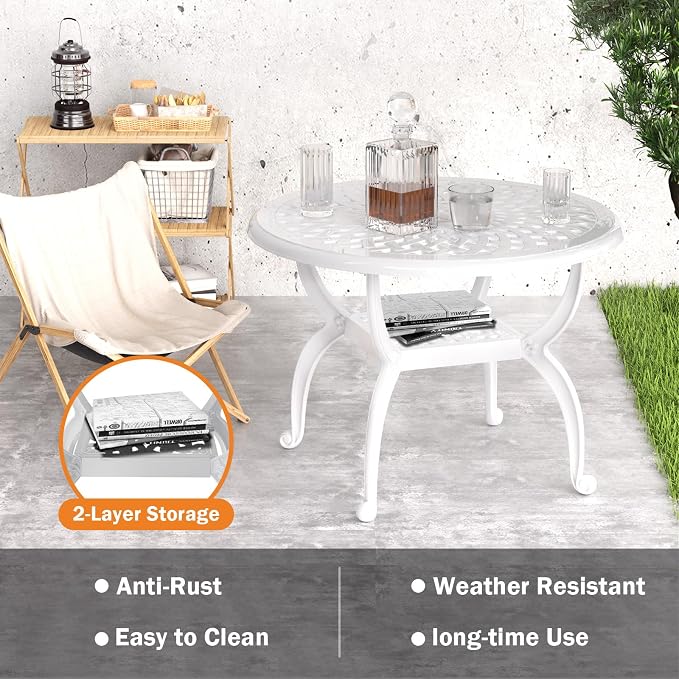 21" Patio Bistro Table, Cast Aluminum Side Table, Outdoor End Table for Garden/Yard/Pool/Porch, White