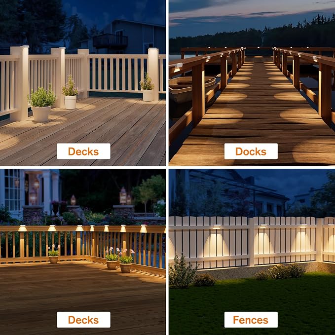 Solar Fence Lights Outdoor 12 Pack, IP65 Waterproof Large Size LED Solar Deck Lights with Lenses, Auto ON Off Warm White Step Lights for Outside, Patio, Fence, Yard and Railing Decor (White)