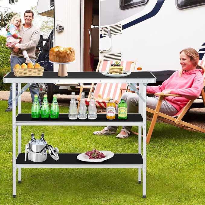 Goplus Folding Camping Table, Portable Pop-Up Bar Table with 2-Tier Storage Shelves, Removable Cloth Cover, Aluminum Foldable Camp Table for Picnic, Tailgate, Party, Travel, Outdoor
