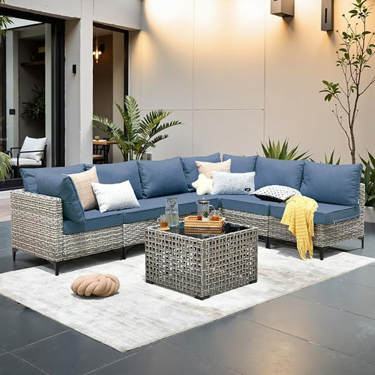 Outdoor Patio Furniture Sets,7 PCS Patio Conversation Set Outside Rattan Sectional Sofa with Coffee Table Fit Backyard Porch Garden Poolside Balcony