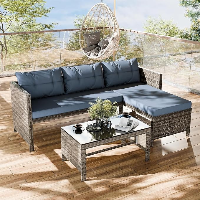 Outdoor PE Rattan Sofa 3 Piece Patio Corner Sofa Wicker Patio Conversation Furniture Set with White Couch and Coffee Table