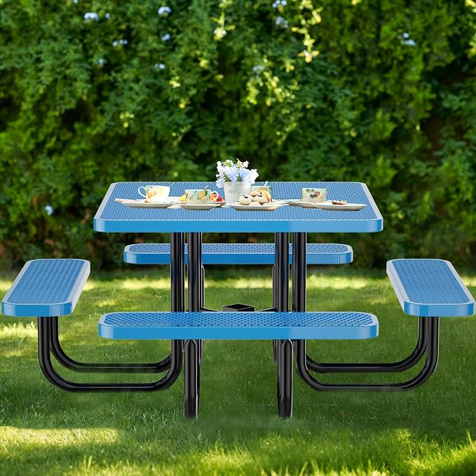 46" Square Top Outdoor Picnic Table Set for Up to 8 Persons, Outside Table Set with 4 Built-in Benches, Metal Commercial Grade Dining Furniture with Umbrella Hole for Garden, Backyard, Patio, Blue
