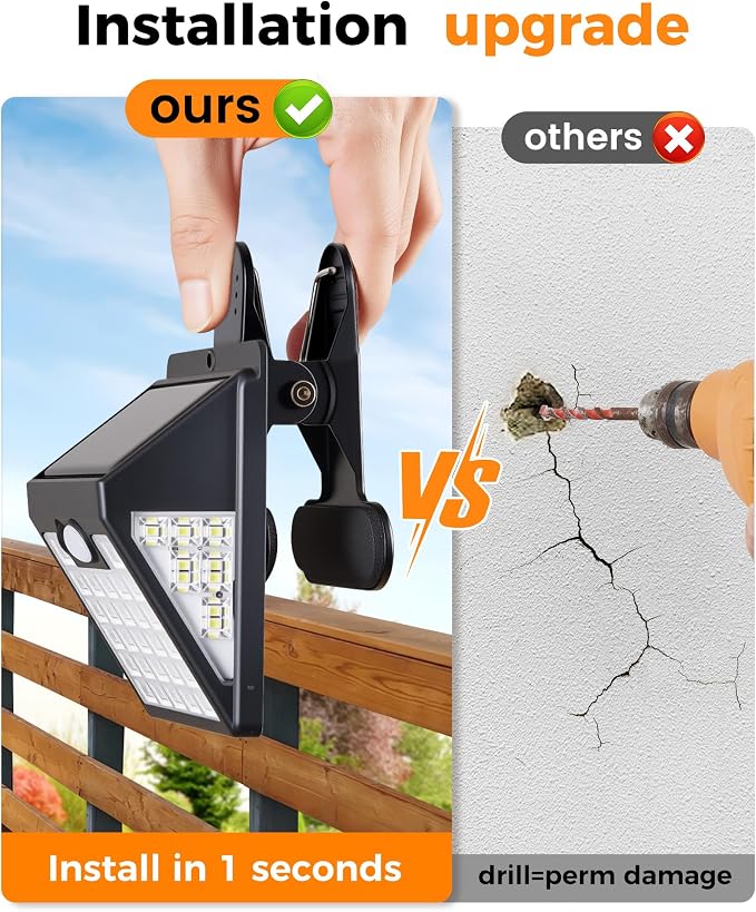 2 Pack Clip On Solar Lights Outdoor, 600LM Motion Sensor Solar Fence Lights, No Drill Installation Solar Lights for Fence Deck Railing Gutter, IP65 Waterproof Outdoor Security Lights