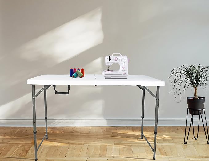 Folding Table 4/6/8 Foot, Foldable Table Adjustable Height Card Table, Indoor Outdoor Small Desk, Portable Plastic Picnic Party Dining Camping Bar Low Tables, Fold in Half Heavy Duty, White