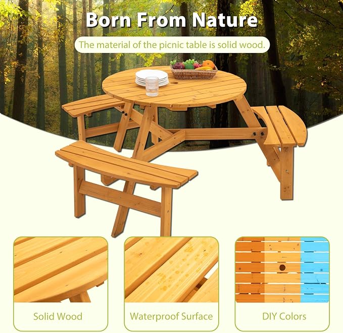 8-Person Round Picnic Table with 4 Built-In Benches & Umbrella Hole, Wooden Picnic Tables for Outdoors, Patio, Backyard, Garden, 66.92"X66.92"X27.55, 2220lb Capacity (Round, Natural, 6-Person)