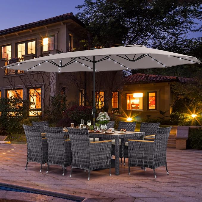 Tangkula 11 Pieces Patio Dining Set with 15 ft Double-Sided Patio LED Umbrella (Base Included), Outdoor Rattan Furniture Set with 8 Armchairs, 1 Rectangular Acacia Wood Dining Table
