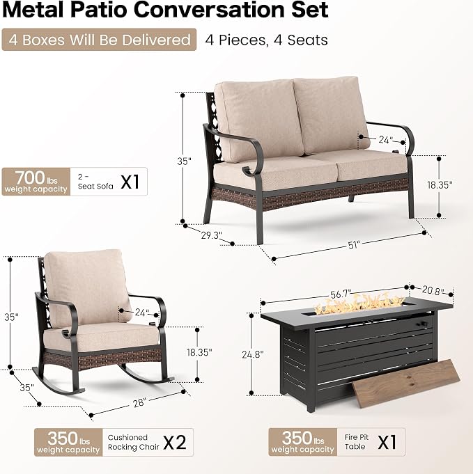SUNSHINE VALLEY 4 Piece Metal Outdoor Patio Furniture Sets with Firepit Table, Patio Conversation Sets 1 2-Seater Sofa, 2 Rocking Sofa with 5.75" Cushion Black Backyard Furniture for Deck, Beige