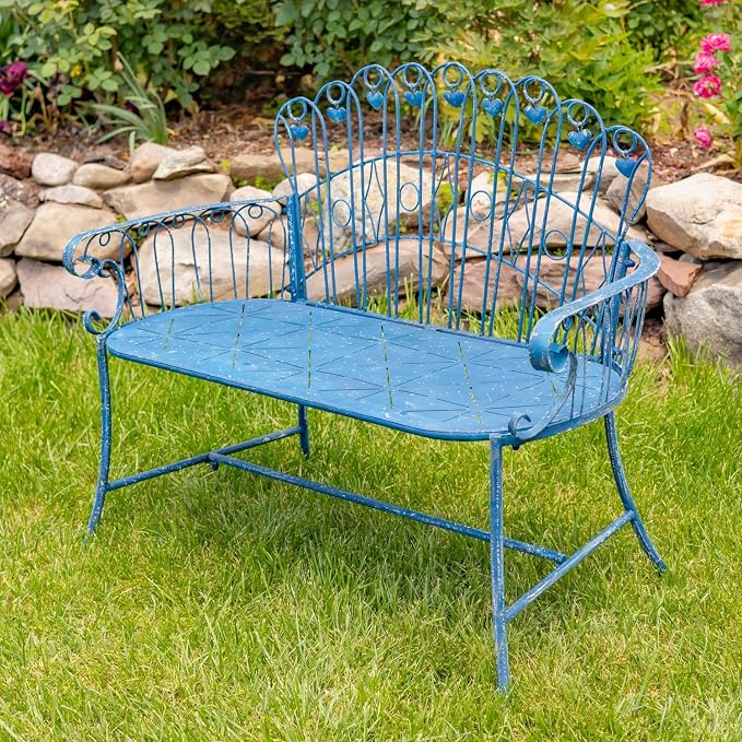 Zaer Ltd. Vintage Style Metal Patio Furniture with Heart Design Accents, Outdoor/Indoor Decor (Vintage Blue, Set of 3 (Bench, Table, Chair))
