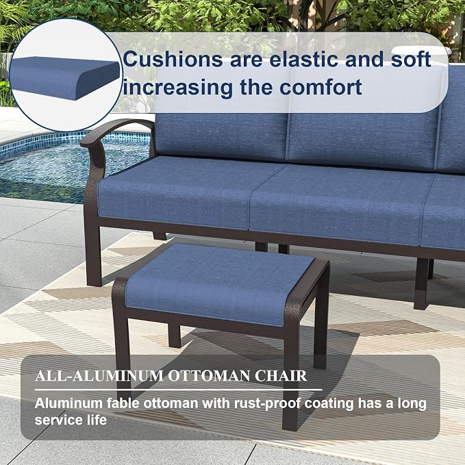Kurapika Aluminum Patio Furniture Set 5-Seat Modern Metal Outdoor Conversation Sets w/45in Propane Fire Pit Table, w/5.1 Inch Cushion Patio Sectional Sofa with 2 Ottomans, Navy Blue