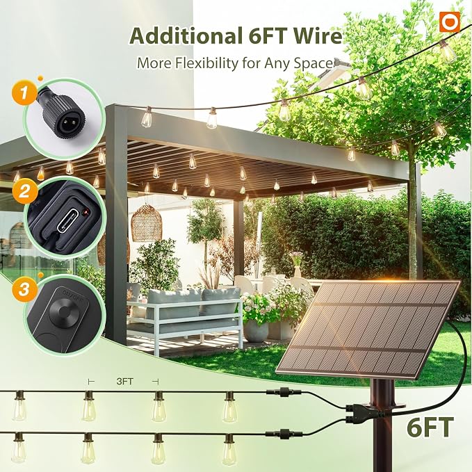 addlon 102(96+6) FT Solar String Lights Waterproof, 48+4 LED Shatterproof | Patio Light Solar Powered with Remote & USB Port 3 Modes, Outdoor Lighting for Camping Porch Backyard Garden