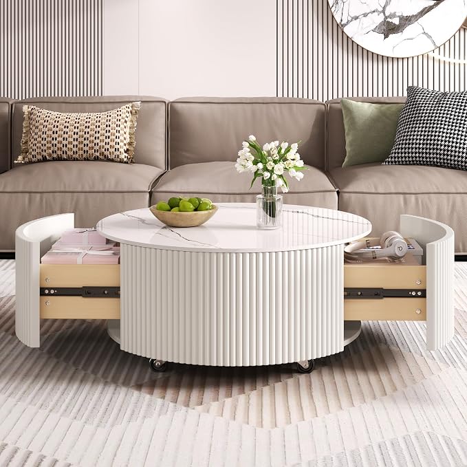 29.5'' Round Marble Coffee Table for Living Room Storage Coffee Table with 2 Drawers Modern Circle Center Tables Sintered Stone Accent Tea Tables for Apartment White