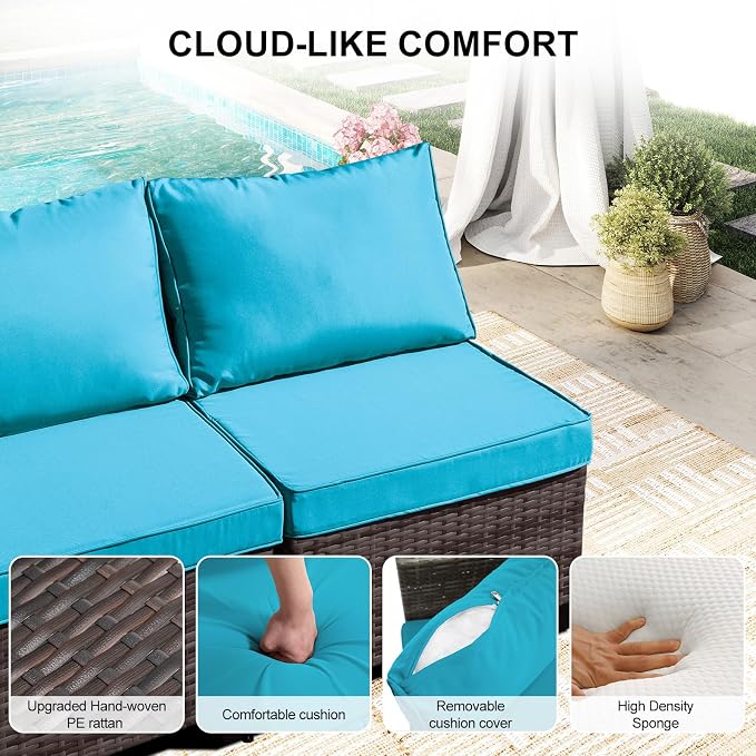 CANMOV 7 Pieces Patio Furniture Sets, All Weather Outdoor Patio Conversation Set, PE Wicker Rattan Sectional Sofa Couch Glass Coffee Table Washable Cushions, Peacock Blue