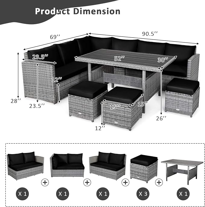 Tangkula 7 Pieces Patio Furniture Set, Outdoor Sectional Rattan Sofa Set with Cushions, All Weather Wicker Conversation Couch Set w/Dining Table & Ottomans for Backyard Garden Poolside (Black)