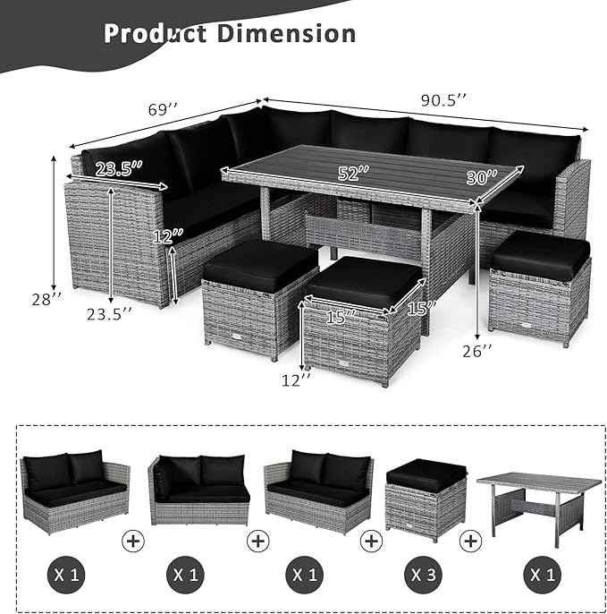 Tangkula Patio Furniture Set for 6, 7 Piece All Weather Heavy Duty PE Wicker Sectional Sofa with Dining Table and Ottomans, Rattan Conversation Set for Backyard, Deck, Poolside