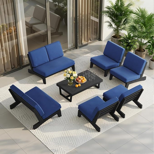7 Pieces All Weather Black Wood Patio Furniture Sets, 2 Patio Loveseat, 4 Patio Bistro Chair, Outdoor Sectional Sofa Furniture Backyard Conversation Set with Coffee Table - Navy