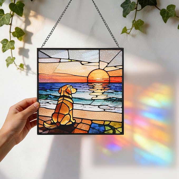 Stained Glass Window Hanging, 7.8 in Sun Catcher Glass Panel Boho Wall Art Decor with Chain Diamond Glass Panel Hangings Scenery Sun Catchers Decor for Birthday for Lover Couple Mom (Dog)