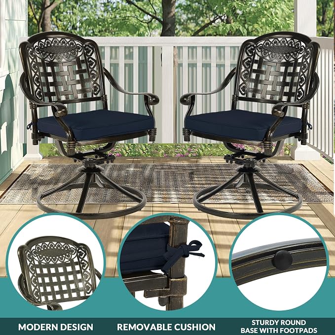MEETWARM 9-Piece Outdoor Patio Dining Set for 8, All Weather Cast Aluminum Patio Funiture Table and Chairs Set- Large 64" Square Table and 4 Swivel Rocker Chairs, 4 Stationary for Garden, Navy Blue