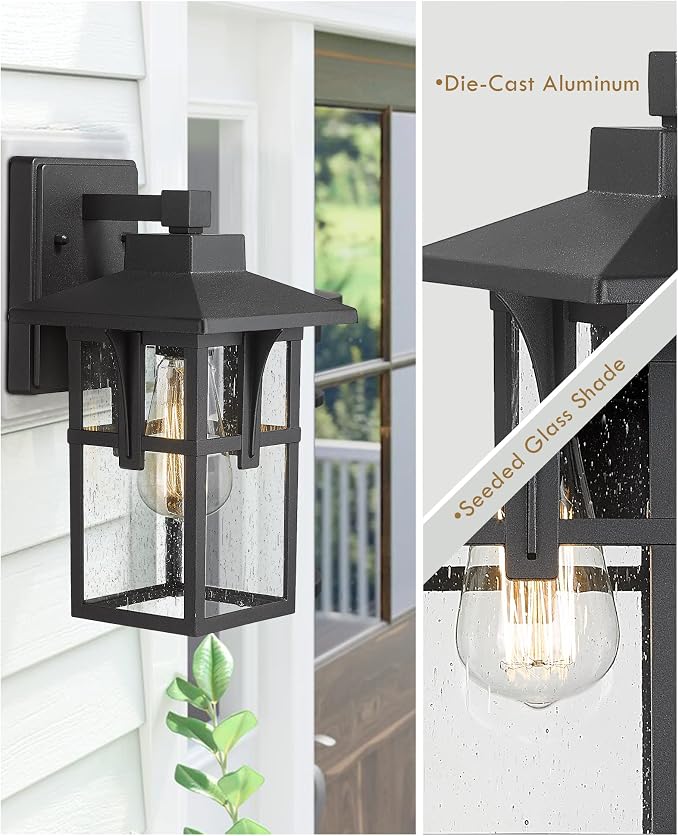 HWH INVESTMENT Outdoor Indoor Wall Sconce Exterior Wall Lantern with Seeded Glass Shade, Waterproof Porch Light Fixtures for Doorway, Hallway, Garage, Matte Black, 5HX62B BK