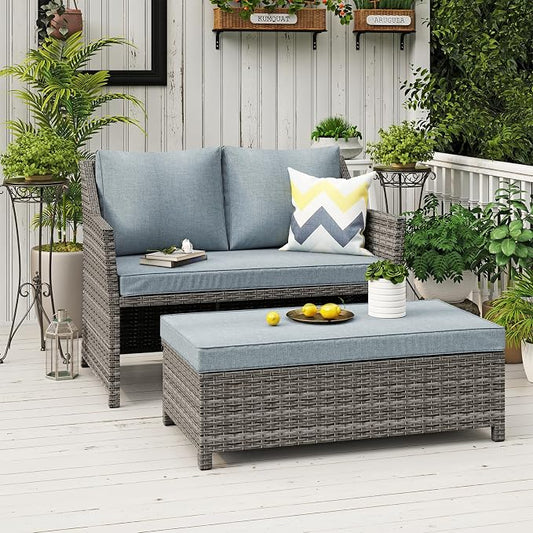 OC Orange-Casual 2-Piece Outdoor Patio Furniture Wicker Love-seat and Coffee Table Set, with Built-in Storage Bin, Grey Rattan, Grey Cushions