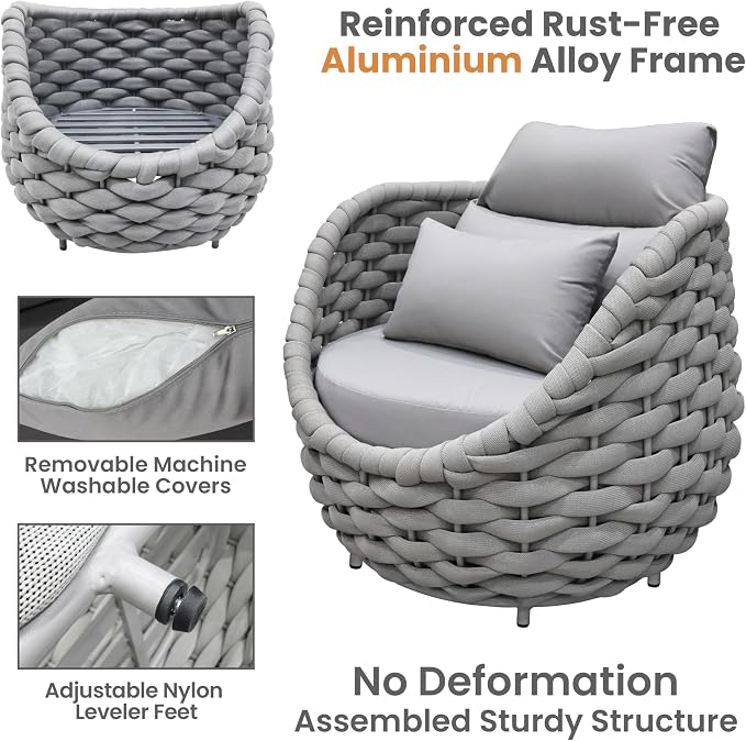 Fully Assembled Patio Furniture Set: 5 Pieces Woven Rope Outdoor Conversation Set Cushioned - Modern Metal Deck Loveseat Chair Table Set - Porch Seating for Yard Garden Pool Hotel Resort, Grey