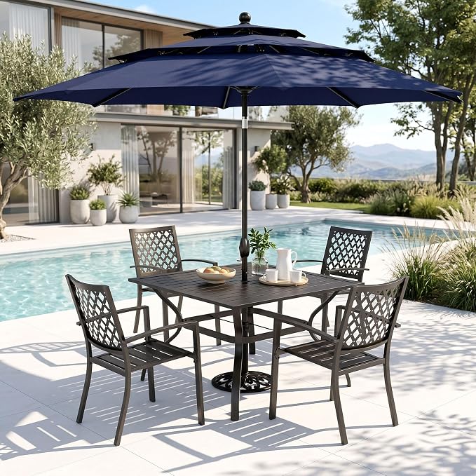 PHI VILLA Outdoor Dining Set for 4 w/Umbrella, Square Metal Table & Chairs | Includes 37" metal table, 4 stack chairs & 10ft umbrella. Rust-resistant. Space-saving. Perfect for patio, deck or yard.