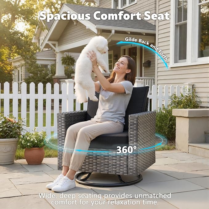 CAODOC 7-Piece Outdoor Wicker Patio Set with 7 Seats, Including 43" Fire Pit - Swivel Rocker Chairs and Conversation Set for Backyard or Lawn, Gray Rattan with Waterproof Black Cushions