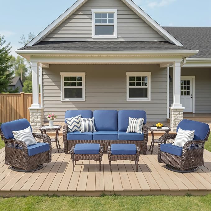 7 Pieces Outdoor Furniture Set Swivel Chairs, All Weather Wicker 3 Seater Sofa with Ottomans Rattan Side Table, Conversation Set Outdoor Seating Furniture for Deck Yard Sunroom, Blue