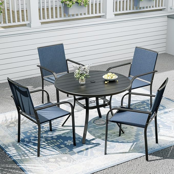 Outdoor Dining Table with 4-Piece Stackable Chairs,41" Round Patio Table with Adjustable Umbrella Hole,Stable Patio Dining Set for Home or Outside