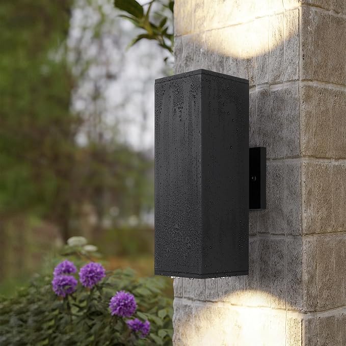 mirrea 14" Modern Outdoor Porch Light in 2 Lights, Matte Black, 2 Pack | Patio wall sconce, aluminum rectangular tube, tempered glass, waterproof. Up & down lighting for outdoor wall mount fixture.