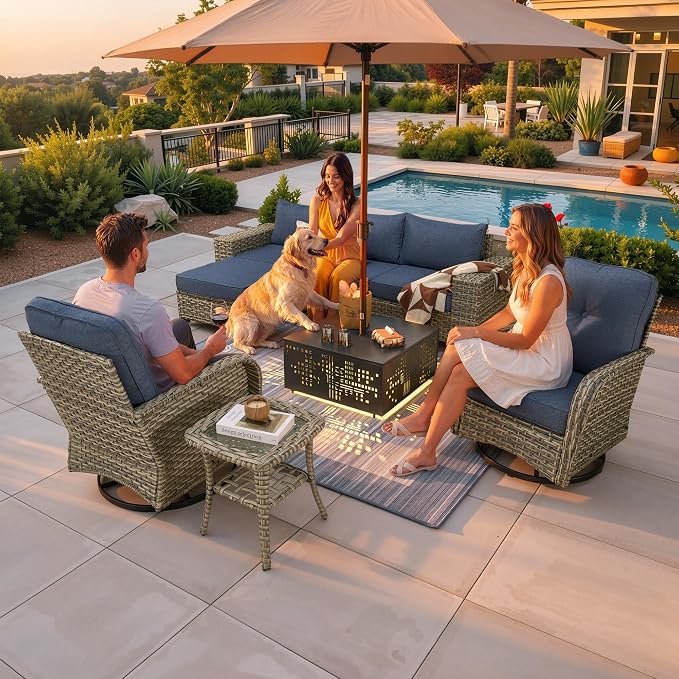CAODOC 8-Piece Patio Furniture Set with L-Shape Sofa Chaise, Outdoor Sectional Couch Solar Table, Modern Modular Wicker Rattan Conversation Set