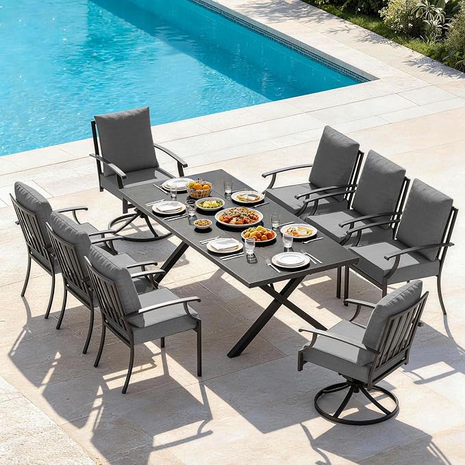 9 PCS Outdoor Patio Dining Set,Patio Table and Chairs Metal Outdoor Patio Furniture Set with Umbrella Hole,Dining Table Set with Swivel Chairs for Deck,Backyard and Garden,Grey