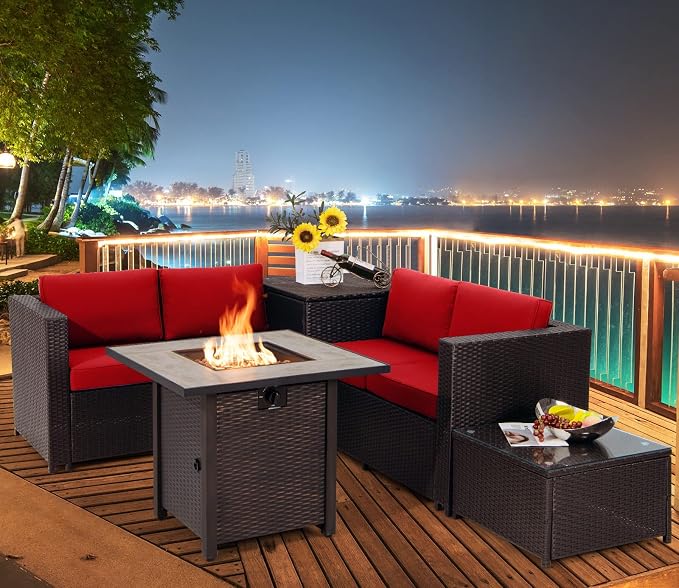 COSTWAY 5 Piece Patio Furniture Set with 30'' Fire Pit Table, Outdoor Wicker Rattan Loveseat Sofa with 4'' Thickened Cushions, 2 Side Tables, Sectional Conversation Set for Backyard (Red)