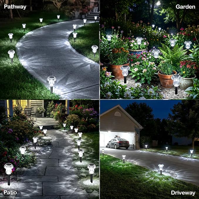 Solar Garden Lights Outdoor 8 Pack 6000K Cool White Mushroom Decor | Waterproof Pathway Outside Yard Walkway Landscape Path Lighting, LED Auto On/Off Decorations, Acrylic Diamond-like Lampshade