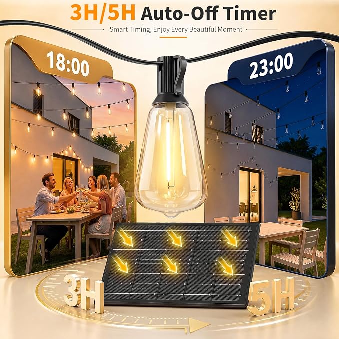 Hotsonic Solar Outdoor String Lights Waterproof, 100FT Remote Control LED Outside Lights with Shatterproof Bulbs, Dimmable Hanging Lights for Patio Porch Garden pergola Yard House Bistro Party Decors
