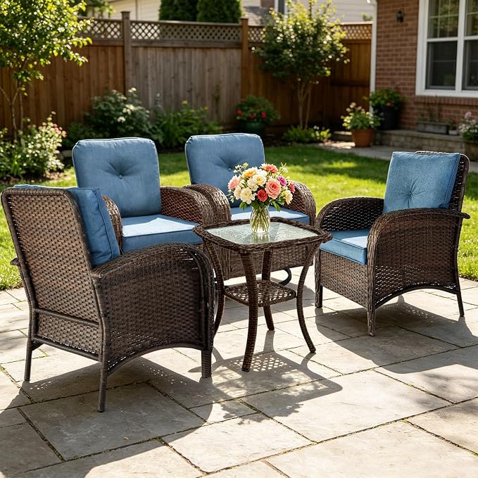SHGJ&SOFT All Weather Patio Furniture Set, High Back Swivel Rocker Glider Chairs，Ottomans & Glass Tables, Outdoor Conversation Set for Deck Porch Yard Poolside (Blue, 5PCS-Swivel Chairs&Chairs&Table)
