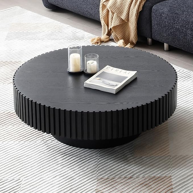 Round Coffee Table, Natural Wood, Modern Style, Slatted Base Design, Living Room Table (Black, 31.49)