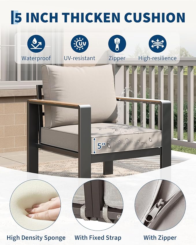 Garvee Aluminum Patio Furniture Set 5 Seats, Generous Outdoor Sectional with Washable Thick Cushions and Coffee Table, Patio Conversation Sets for Porch, Balcony, Deck, Yard