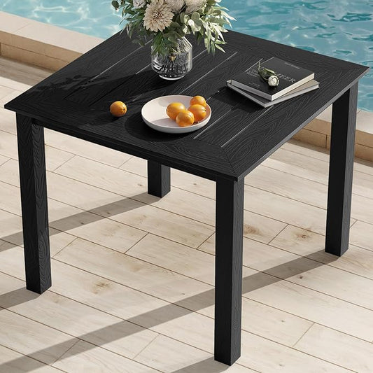 YEFU Outdoor Patio Table HIPS: Square Wood Grain Waterproof Easy-Clean All-Weather Patio Dining Table - Rust-Resistant Modern Outdoor Dining Table for Backyard Garden Deck Poolside（Black）