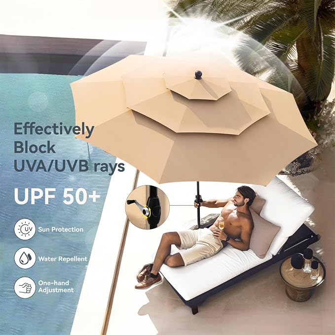 PHI VILLA Outdoor Patio Dining Set with Umbrella for 4, Folding Chairs | Light-weight & portable, Breathable & quick-drying textilene fabric, Weather-resiatant, 10Ft beige umbrella without base