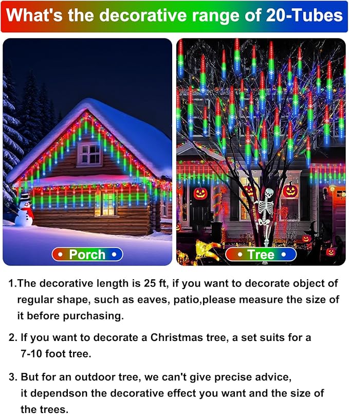 Meteor Shower Lights UL Certified 1080 LEDs 20 Tubes Falling Rain Drop Ramadan Lights Cascading Lights for Xmas Tree Halloween Decorations Wedding Party Holiday Garden Decor, Multicolor