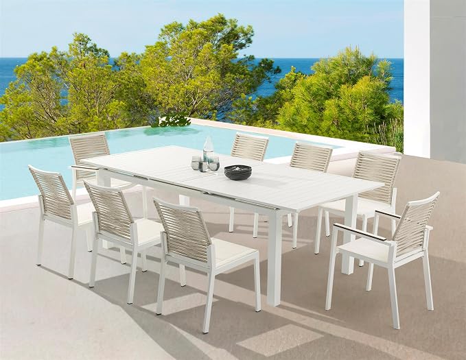 Meridian Furniture 343White-T Maldives Collection Modern | Contemporary Outdoor Patio Extendable Dining Table, White Aluminum Table, 95.5" - 119" W x 43.5" D x 30" H