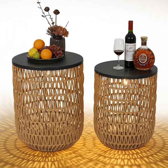 HMVPL Solar Outdoor Side Table Set of 2 with Dimmable Light, Round Patio Side Table for Outside, Outdoor End Accent Tables, Plastic Rattan Patio End Table for Poolside Backyard Gazebo, Dusk to Dawn