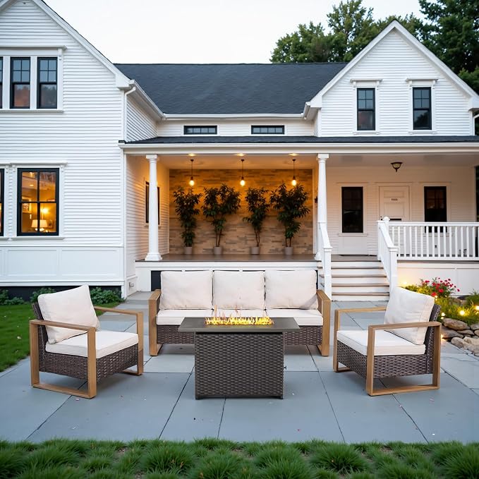 Belord Full 4 Pieces Patio Furniture Set with 41” Propane Fire Pit Table, Outdoor Conversation Set with Patio Chairs Set of 2 and Rattan Sofa for Deck Backyard