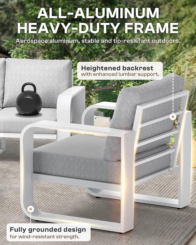 Oversized Aluminum Outdoor Furniture Set, Extra Large Patio Furniture Sofa Set 4.8” Widened Armrest & Ultra-Thick Cushions, 5 Pcs Modern Patio Sectional for Backyard, Porch, White