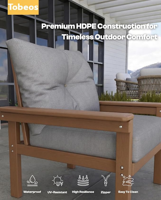 HDPE 4 Piece Patio Furniture Set, All-Weather Outdoor Couch with Thick Cushions & Coffee Table & Side Table, Patio Conversation Sets for Lawn, Garden, Porch, Balcony, Deck, Poolside,Teak & Grey