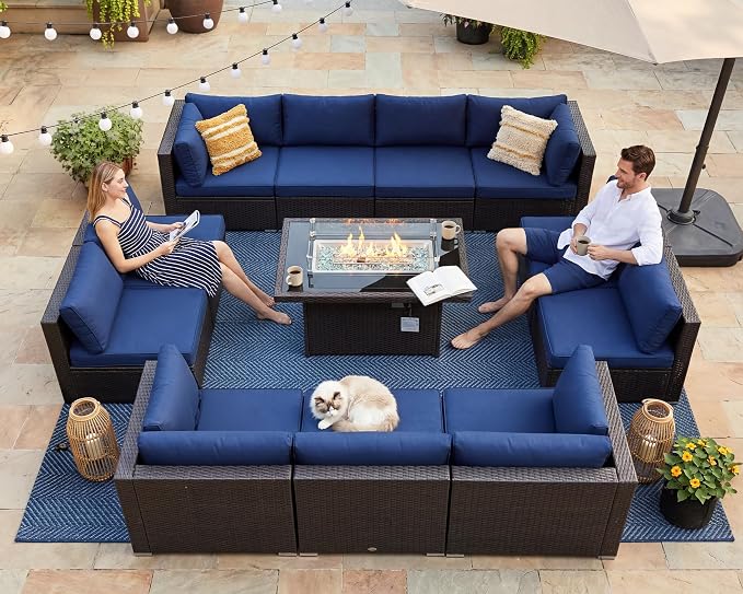 BULEXYARD 13 Piece High Back Wicker Patio Furniture Sets with Fire Pit, Elegant Oversized Outdoor Seating Set Modular, Comfy Extra Deep Wide 12-Person Sectional Couch Sofa for Backyard, Brown & Blue