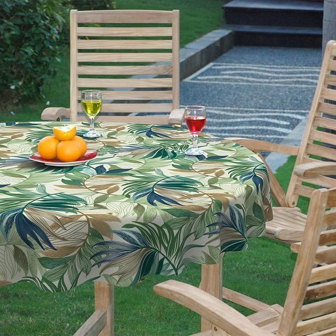 DYTXIII Outdoor Round Tablecloth with Umbrella Hole 60 Inch, Water Repellent & Fade Resistant Table Cover, All Weather Outdoor Tablecloth for Garden & Party Table, Lush Leaf Green