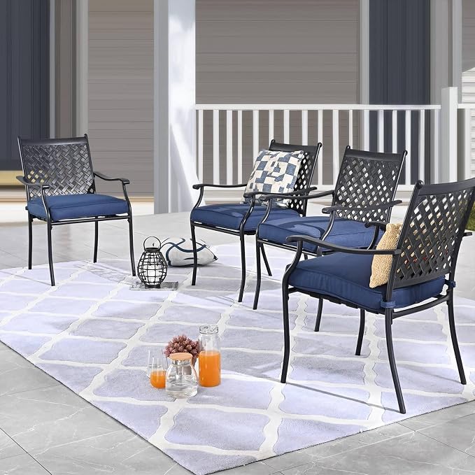 Patio Dining Set 5Pcs Outdoor Metal Furniture Dining Sets Wood Grain Suqare Table Chairs Set with Blue Cushion Galvanized Steel Frame