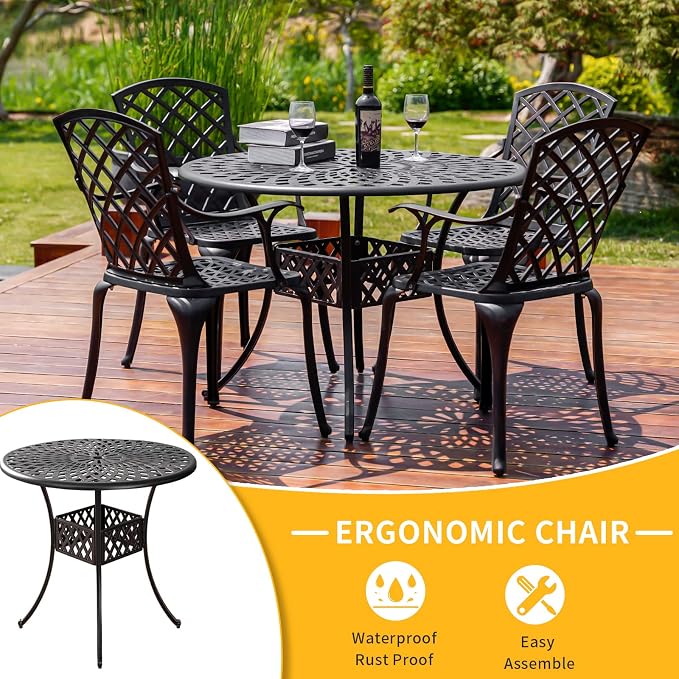 42 Inch Cast Aluminum Round Patio Table,Outdoor Patio Dining Table with 1.97" Umbrella Hole,All Weather Bistro Table for Garden,Bronze