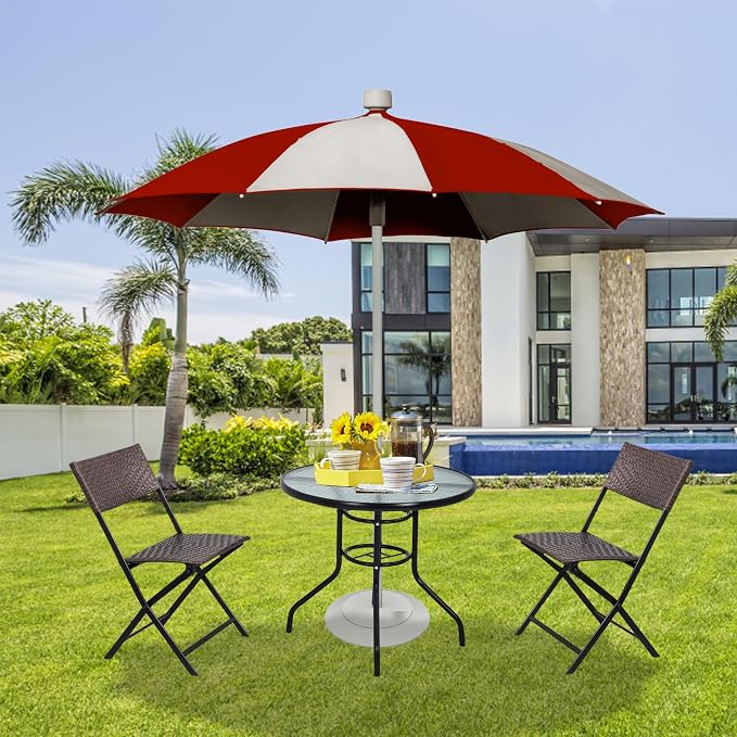 MKDLUFEI 32 Inch Round Outdoor Dining Table, Patio Table with Umbrella Hole, Tempered Glass Top, Black Steel Frame